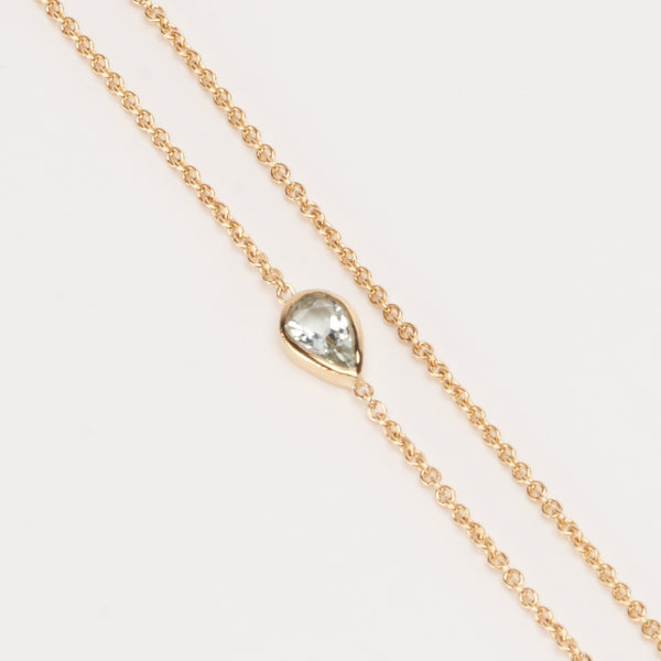 Water drop necklace : Light greyish pink pear-shaped sapphire and two pear shaped diamonds in a 18K white gold chain.
